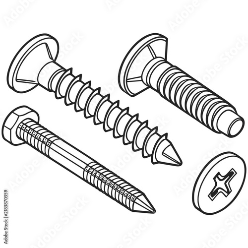 Set of black and white line art illustrations of metal hardware screws