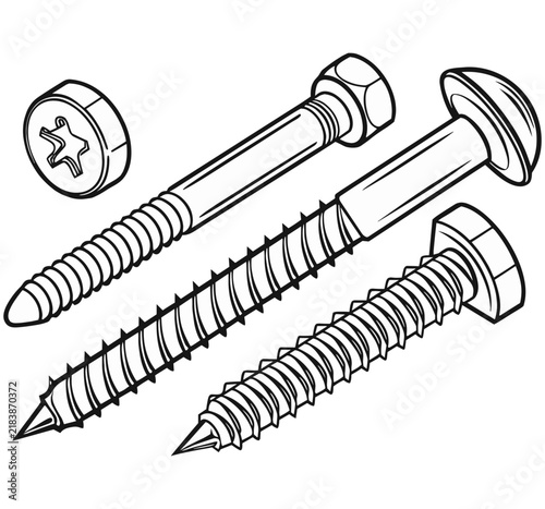 Set of isolated metal screws and fasteners with detailed thread and head design