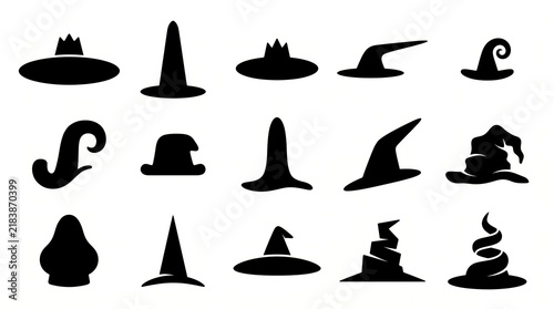 Black witch hats and wands vector collection isolated on white background
