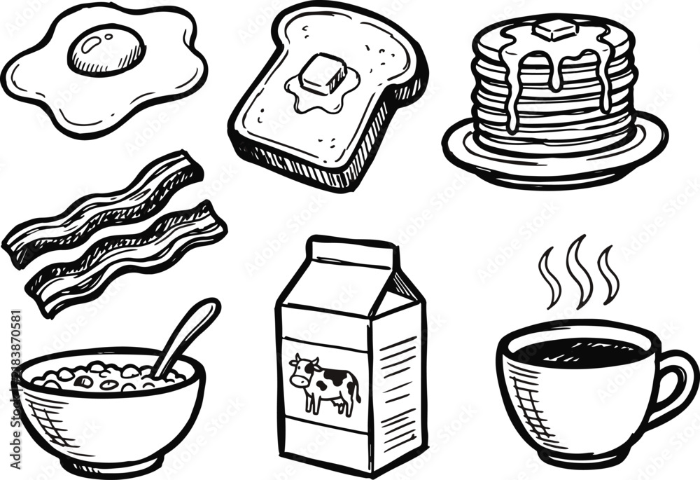 Obraz premium Hand drawn doodle set of various breakfast food items including pancakes bacon eggs toast milk and coffee