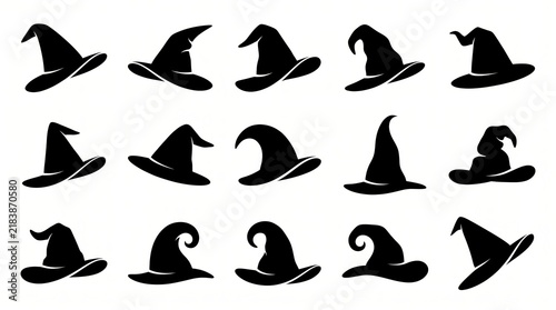 Black witch hats vector collection set isolated on white background