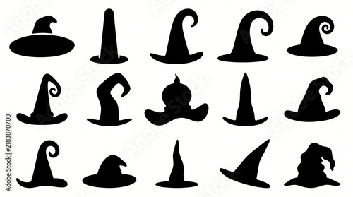 Black witch hats with different styles collection isolated on white background