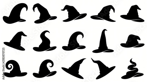 Black witch hats in various styles isolated on white background