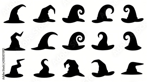 Various witch hats with different styles isolated on white background