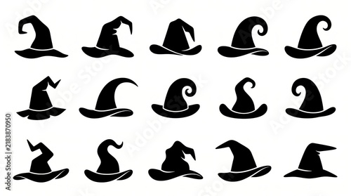 Black witch hats with different designs isolated on white background