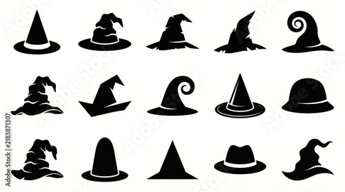 Black witch hats and pointy hats collection isolated on white background
