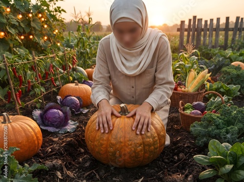 Woman wearing beige hijab kneels in garden harvest bounty field with ripe pumpkins during golden hour.