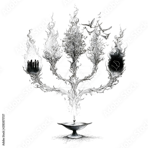 Surreal menorah and oil lamp illustration with mystical tree branches