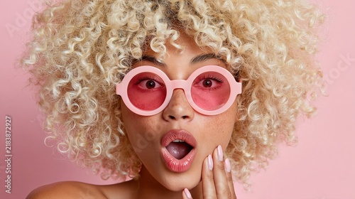 Fototapeta kuchenna jeune femme aux cheveux bouclés blonds affiche une expression choquée avec des lunettes roses