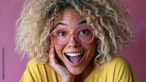 Fototapeta Jeune femme aux cheveux bouclés affiche une expression de surprise joyeuse et enthousiaste