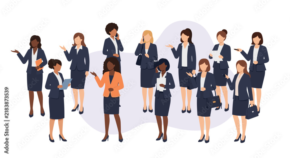 Obraz premium Diverse group of professional businesswomen in smart suits standing together on a light purple background.