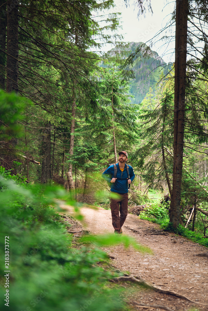 Fototapeta premium A man hiking in the mountains and looking at the beautiful scenery.