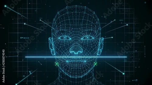 Generic fingerprint and facial geometry are scanned with luminous biometric patterns, illustrating secure authentication, identity verification, and access control.
