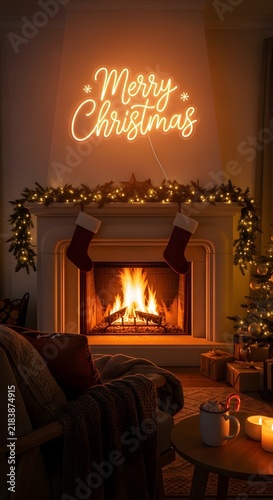 Merry christmas neon sign glowing over a fireplace with stockings and holiday decor