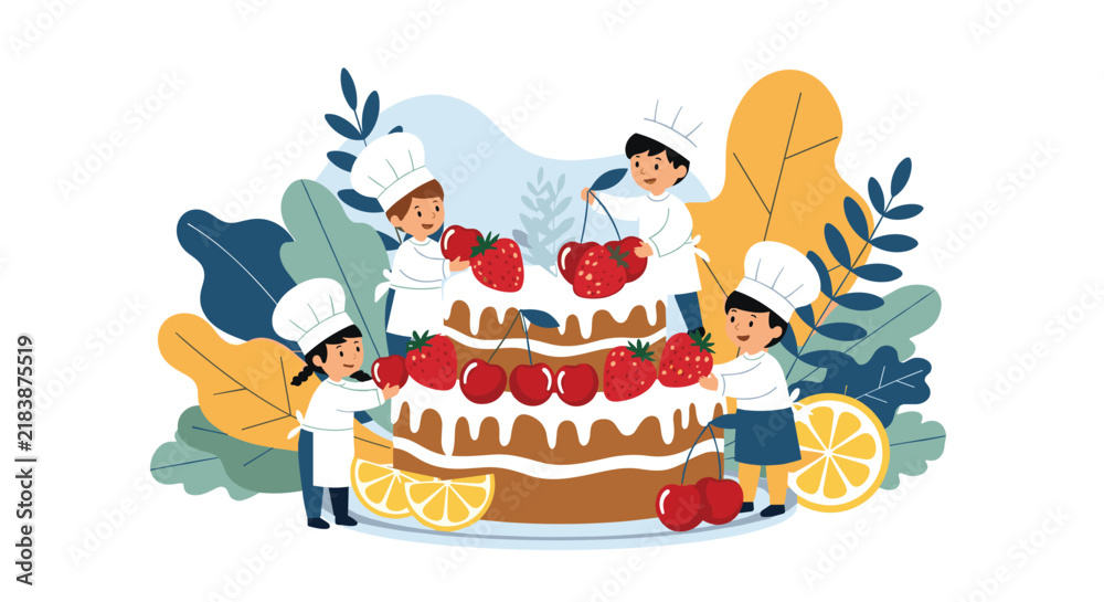 Naklejka premium Tiny children in chef hats and aprons happily decorate a huge multi-layered cake with fresh strawberries and cherries.