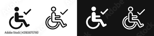 Accessible wheelchair icon set with check mark, disability approval and compliance vector symbols