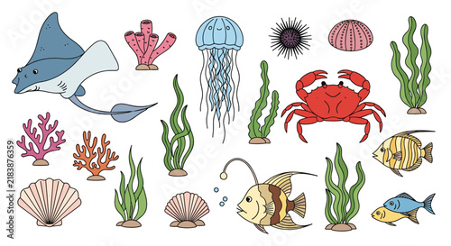 Set of various colorful marine animals and underwater elements including a stingray, jellyfish, crab, fish, and seaweed.