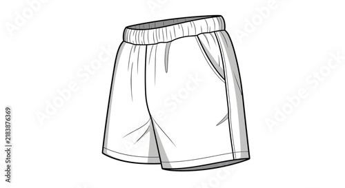 Simple fashion illustration of a pair of casual white athletic sports shorts with pockets and an elastic waistband.