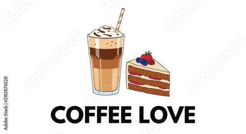 Charming illustration featuring a glass of layered iced coffee with a straw next to a delicious slice of layer cake.