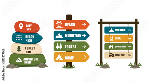 Adventure Travel Direction Signs and Outdoor Hiking Trail Signpost Vector Illustration