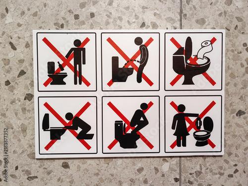 Obraz na płótnie Toilet prohibition instruction sign panel with pictograms for public restroom ru
