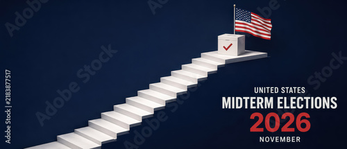 Navy banner symbolizing democracy for the 2026 midterm elections with steps leading up to a ballot box