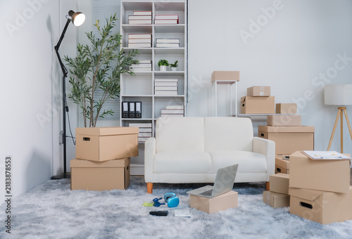 Принти на полотні New Beginning: A clean, minimalist living room transformed into a space ready for relocation, with boxes neatly stacked and essential items placed strategically, hinting at a fresh start