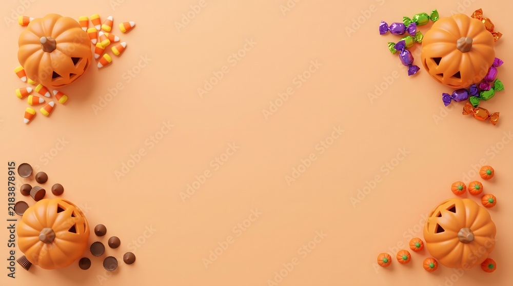 Fototapeta premium Autumnal frame of pumpkins berries and leaves on a soft peach background