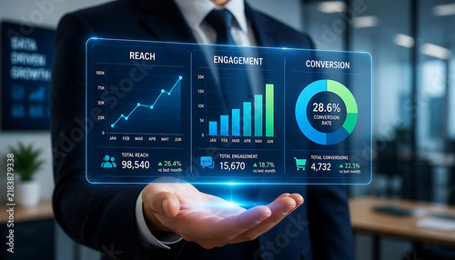 This image shows a businessman holding a digital holographic dashboard that displays key business and marketing analytics