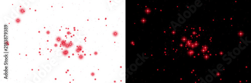 Red glowing star particles floating in space creating a cosmic nebula effect with bright sparkles and soft bokeh light isolated on a transparent background