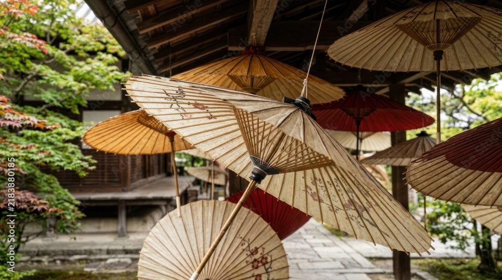 Obraz premium Traditional paper umbrellas hanging outdoors