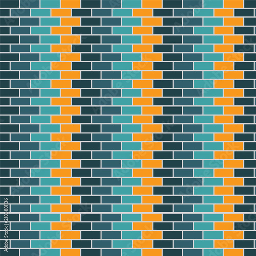 Colorful Geometric Brick Pattern Wall With Teal, Orange, and Dark Blue Repeating Motif