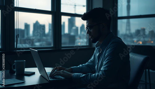 Man working on laptop in office at night with city skyline view
