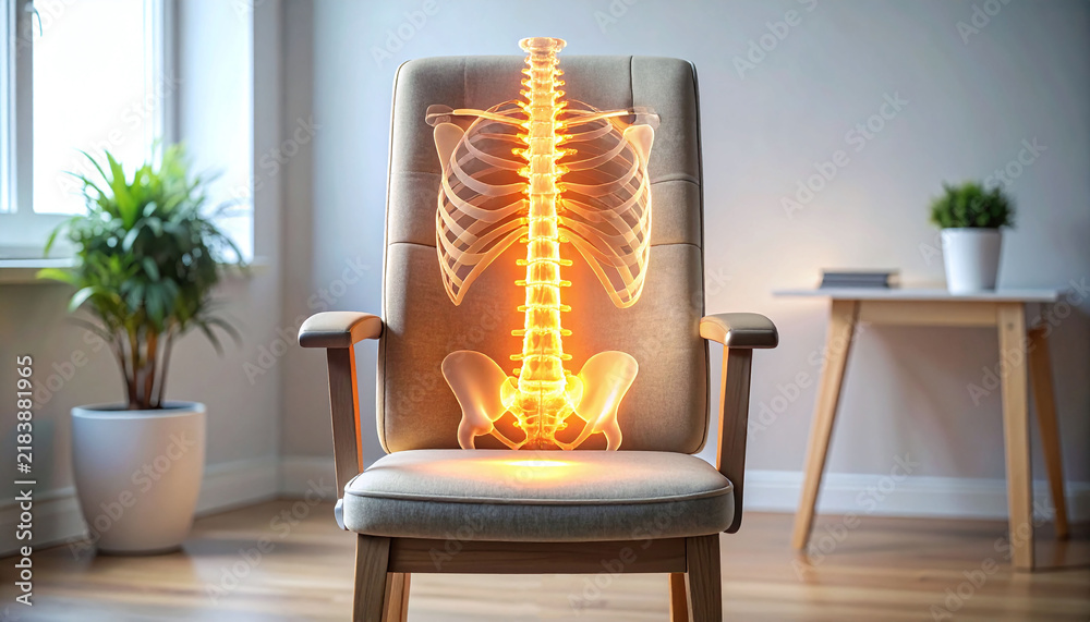 Obraz premium A glowing human spine hologram appears on a modern office chair in a bright room, illustrating ergonomic support, back pain relief, and healthy posture. There are no people.