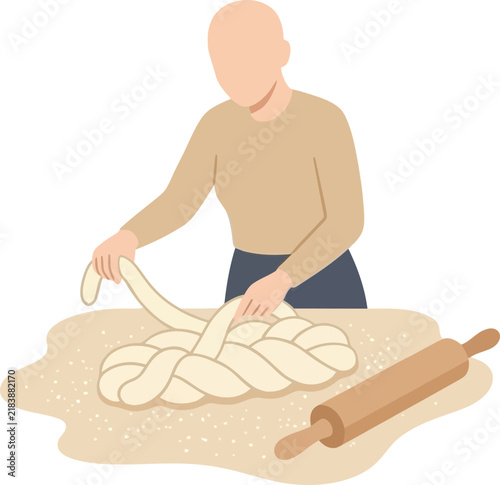 Person braiding challah dough on floured surface with rolling pin isolated on transparent background
