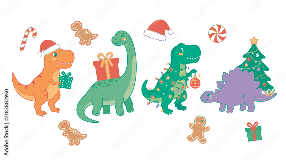 Naklejka premium Set of cute Christmas dinosaurs with presents and decorations vector illustration isolated on transparent background Merry Christmas