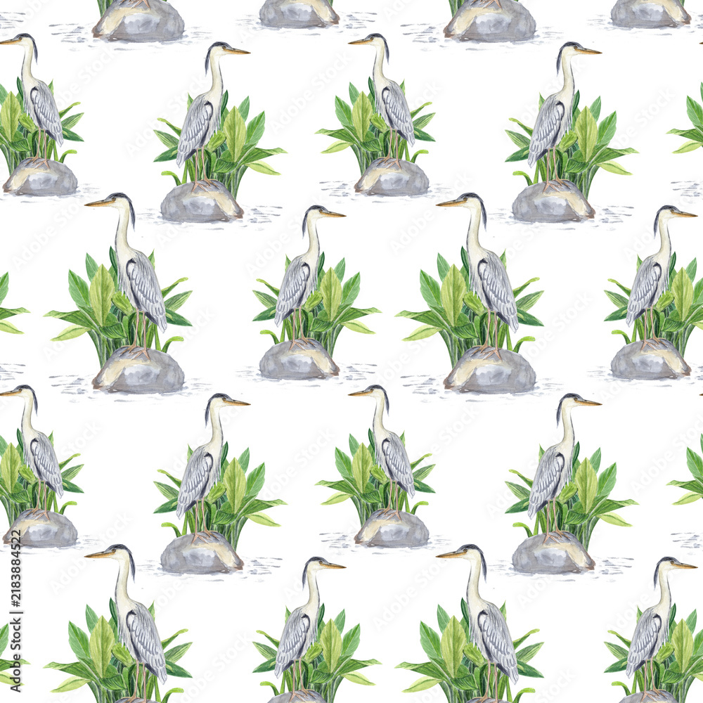 Obraz premium Asian-inspired landscape with herons, tropical plants, stones, water. Watercolor seamless pattern on dark blue. Perfect for botanical designs, exotic textile, nature themes, zen-style decorations