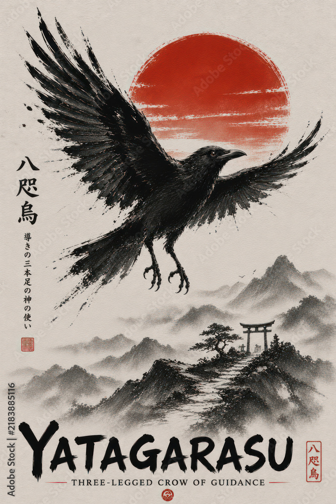 Obraz premium Yatagarasu Three Legged Crow Japanese Mythology Ink Illustration