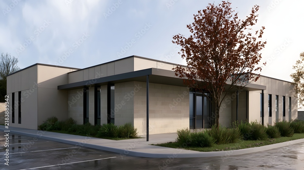 Obraz premium Modern single story building with beige walls dark trim and glass doors under a clear sky with a tree nearby