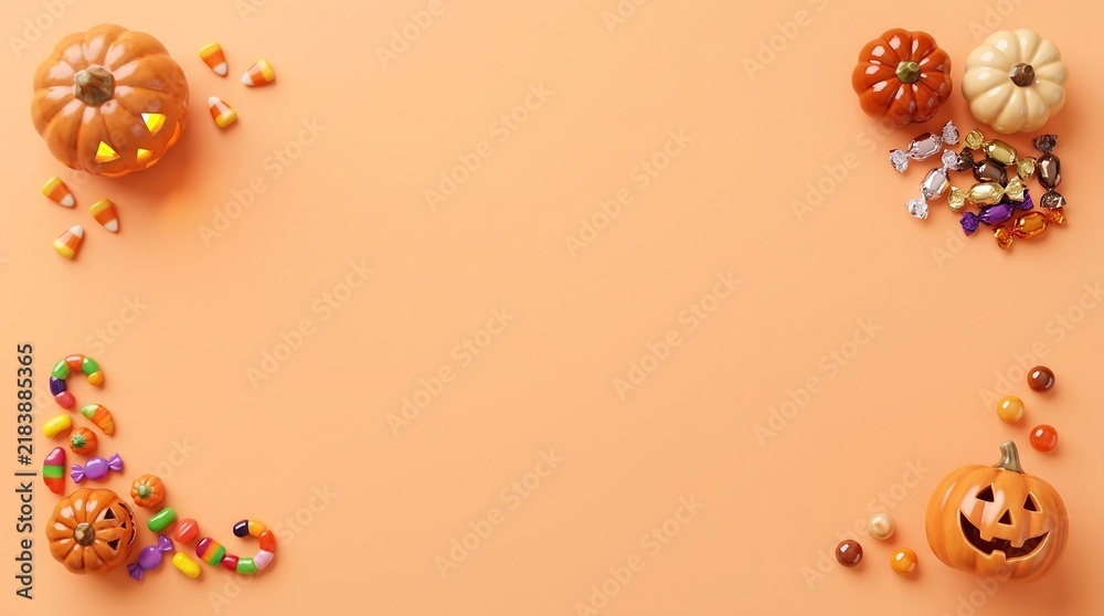 Fototapeta premium Festive halloween background with carved pumpkins and decorative elements arranged in the corners on a peach surface