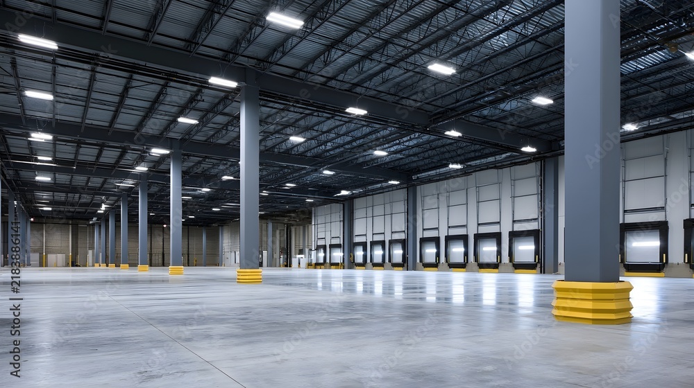 Obraz premium A vast industrial warehouse interior with high ceilings exposed steel beams and polished concrete flooring