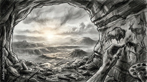 Cave dweller art creation prehistoric landscape