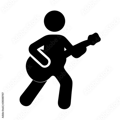 Canvas Print Black silhouette of a person playing an electric guitar on white background, key