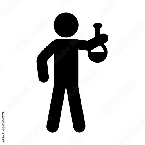 Black silhouette of a scientist holding a flask with liquid on white background keywords