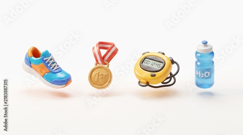 3D icon of a running shoe, a medal, a stopwatch, a water bottle, isolated on white background in glossy clay material, soft rounded shapes, warm soft shadow beneath, vibrant saturated colors