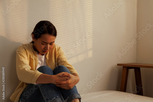 Depressed young asian woman with mental health problem in mind need crucial treatment from overthinking fatigue girl, disruptive thought, dissocial, anxiety and mental health disorders.