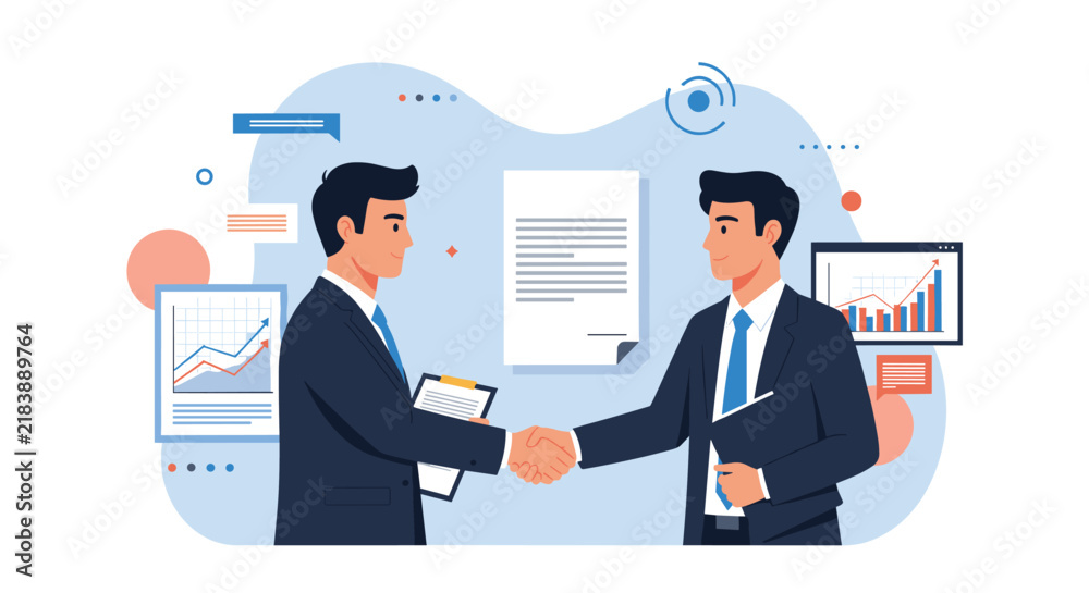 Fototapeta premium Two professional businessmen shaking hands in agreement in front of contract documents and growth charts.