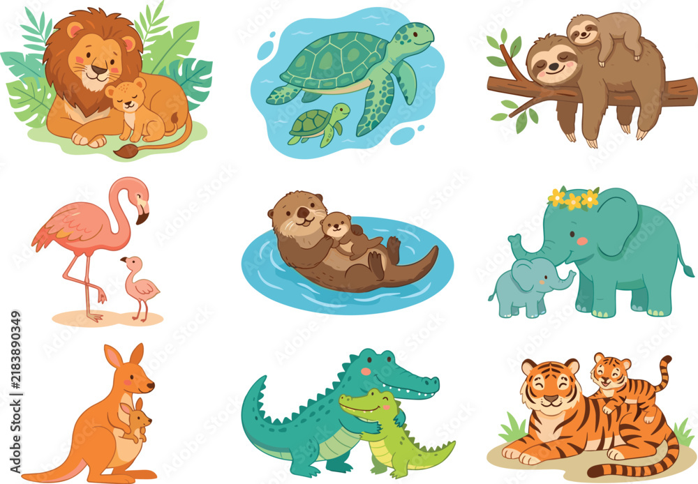 Obraz premium Cute cartoon animal families collection set featuring parents with their babies including lion tiger elephant sloth and kangaroo isolated vector illustration