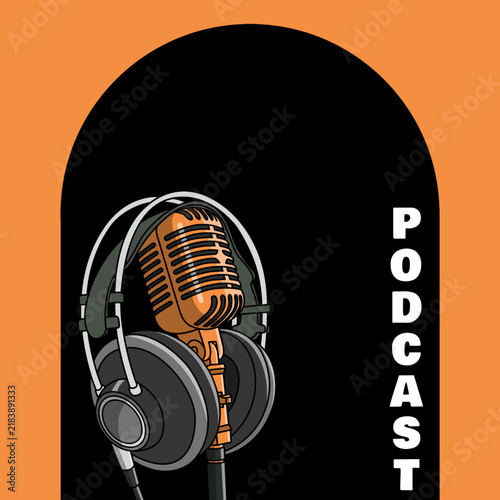 A retro vector illustration featuring a gold vintage microphone and over-ear studio headphones set against a bold arched black and orange frame. International Podcast Day, September 30