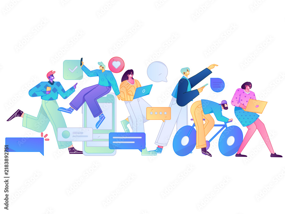 Fototapeta premium Friends socializing, chatting and sharing online flat vector hand drawn illustration 